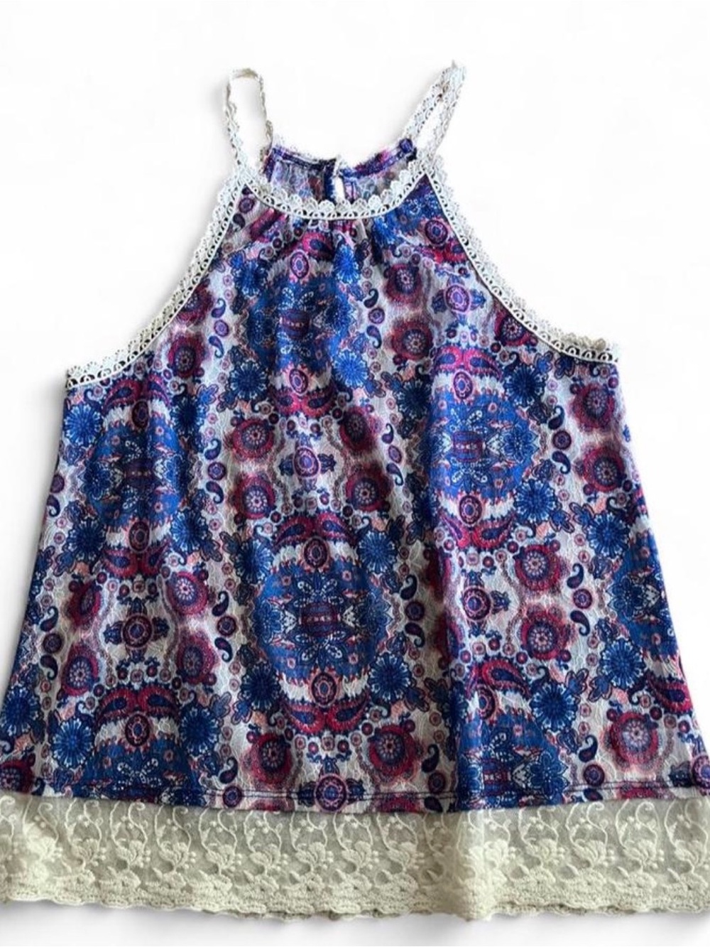 Paisley Y2K boho print lace trim top, size medium
